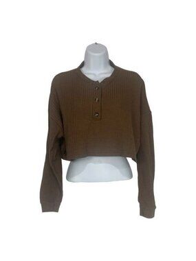 Forever 21 Small Brown Waffle Knit Long Sleeve Henley Button Front Cropped Top